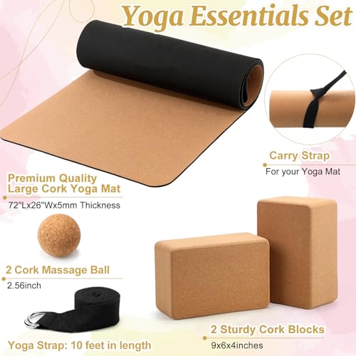 Seenelling 7 Pcs Cork All in One Yoga Essentials Kit Large Cork Yoga Mat and Blocks Set with Carry Strap and Alignment Lin...