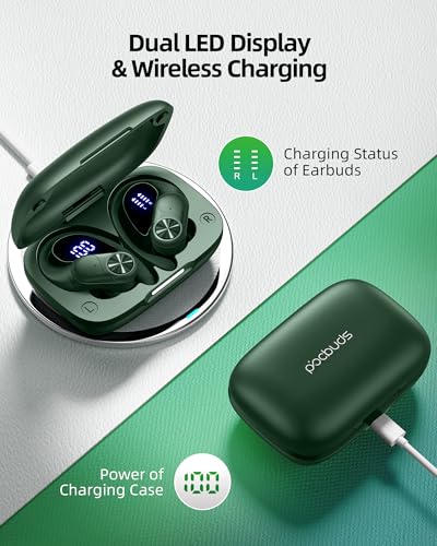 PocBuds Bluetooth Headphones Wireless Earbuds 80hrs Playtime Wireless Charging Case Digital Display Sports Ear Buds with E...
