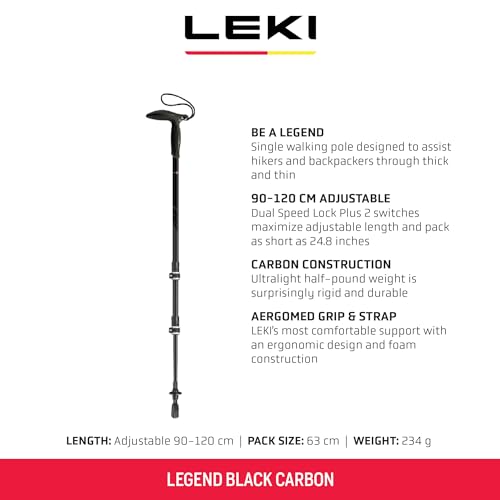 LEKI Legend Black Carbon Adjustable Lightweight Walking Pole (Single) for Trekking & Hiking
