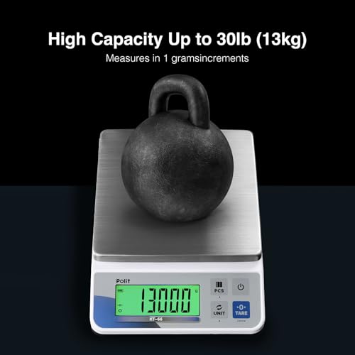 Polit Digital Kitchen Scale KT-66 30lb/13kg｜0.05oz/1g Precision Food Scale with LCD Display｜Battery or Plug-in｜Stainless S...