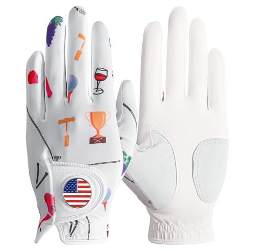 Amy Sport Womens Golf Glove with Ball Marker Rain Left Right Hand Leather Printed Pack, Ladies Golf Gloves All Weather Gri...