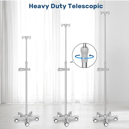 IV Pole with Wheels Medical Portable IV Stand Pole, IV Bag Stand with Removable IV Bag Holder, Adjustable Height Pole, 4 H...