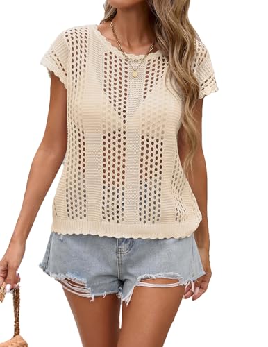 BreathSunny Womens Crochet Knit Swimsuit Coverup Beach Vest Summer 2025 Crew Neck Hollow Out Bathing Suit Cover Up Tank Top