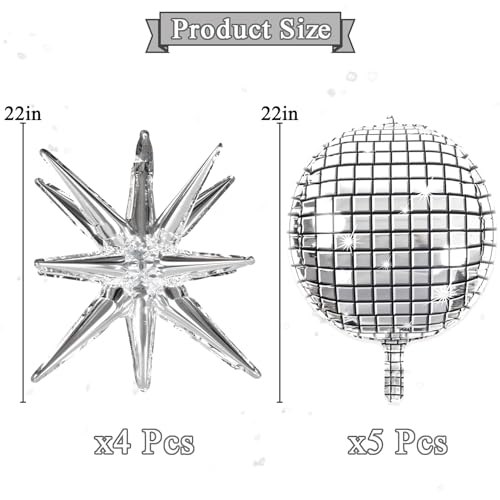 OuMuaMua Disco Ball Balloons for 70s Disco Party Decor, 22 Inch Large 4D Metallic Silver Disco Balloons with Stars Balloon...