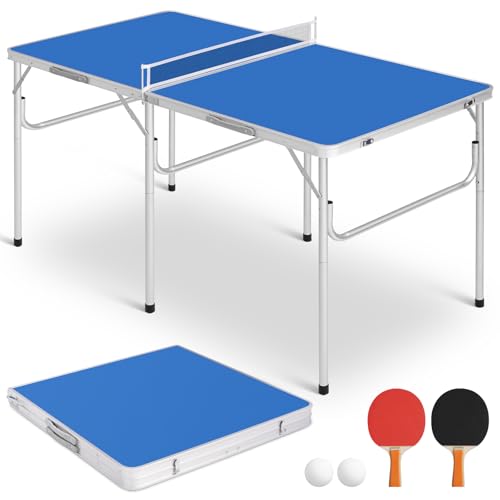 REAHOISY Mid-Size Portable Ping Pong Table, Compact Foldable Table Tennis Table Set w/Net, 2 Paddles & 2 Balls for Indoor ...