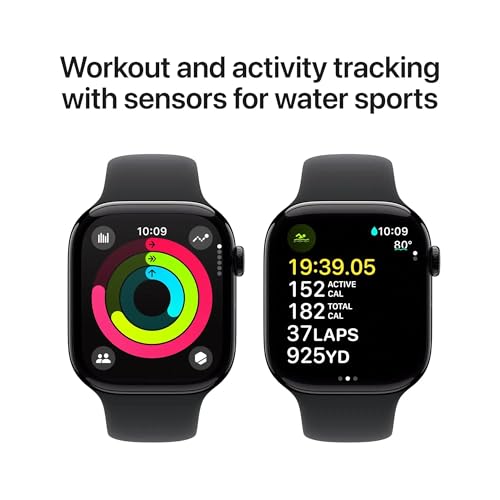 Apple Watch Series 10 [GPS + Cellular, 46mm] - Jet Black Aluminum Case with Black Sport Band, M/L (Renewed)