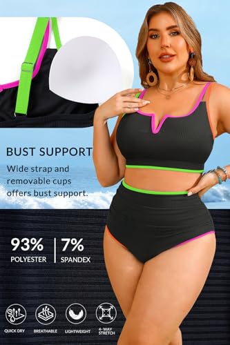 Women Plus Size High Waisted Bikini - Ribbed Two Piece Swimsuit Tummy Control Bathing Suit V-Wired 2025 Swimwear