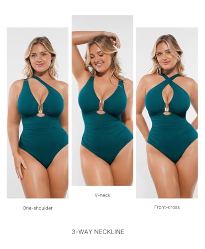 SHAPELLX Tummy Control Swimsuits One Piece V Neck Slimming Bathing Suit for Women Cutout Ruched Shapewear Swimwear