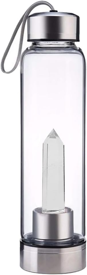Crystal Glass Water Bottle,Water Bottle With Gemstone Center Crystal Elixir Bottle,Removable Gemstones Creative Water Cup Crystal Column Magic Wand Energy Cup for Gifts (S-White Smelting Stone)