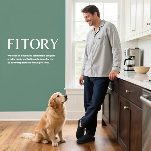 FITORY Men’s Winter Genuine Leather Slippers, Comfy Memory Foam Suede Shoes with Warm Fleece-Lined for Indoor and Outdoor ...