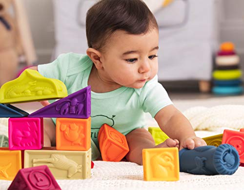 B. toys – Elemenosqueeze – Baby Blocks – 26 Soft Sort & Stack Blocks With Alphabet – Architectural Building Blocks – Shapes, Letters & Animals – 6+ Months