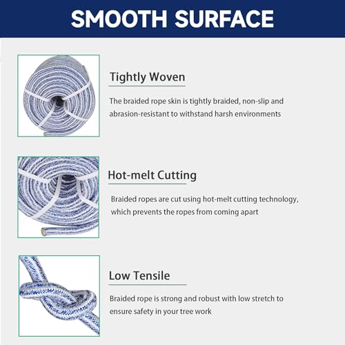 elfinrm Arborist Tree Rope, 3/4inch by 200FT, 24 Strand Bull Rope up to 20000lbs Tensile Strength, Blue and White