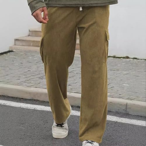 Men's Corduroy Cargo Pants 2026 Winter Warm Stretch Straight Leg Pants Casual Athletic Loose Fit Jogger Lightweight Trousers