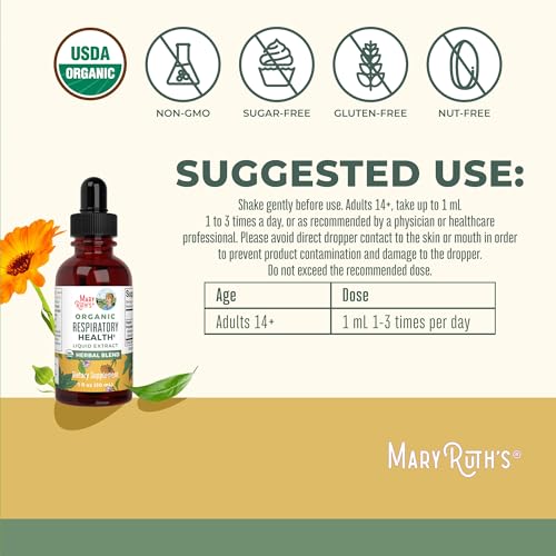 MaryRuth Organics USDA Organic Respiratory Health Liquid Drops with Mullein Leaf | Marshmallow Root & Elderberry | Mullein...