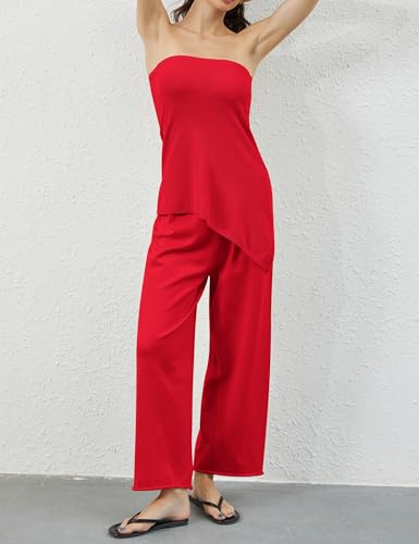 Anoumcy 2 Piece Sets for Women Tube Tops and Pants Lounge Sweater Sets Summer Beach Travel Vacation Outfits