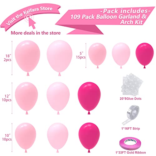 Pink Balloon Garland Arch Kit, Kelfara 109Pcs Hot Pink Latex Pastel Pink Balloon, 18 12 10 5 Inch Latex Balloons for Weddi...