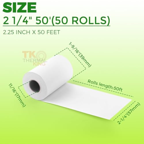 TK Thermal King, (50 Rolls) 2 1/4" 50' feet White Paper Cash Register POS Receipt, Fits All Credit Card Terminal Great For...