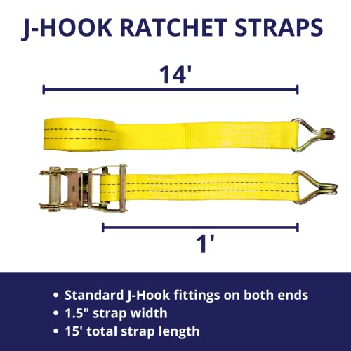Cargo Ratchet Tie Down Straps, 1.5 in x 15 ft, 4,400 lb Breaking Strength, J-Hook, 10-Pack