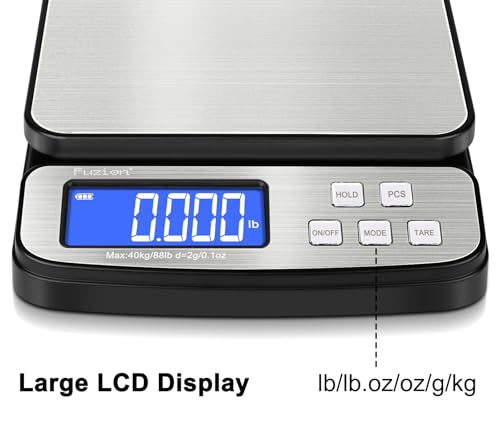 Fuzion Digital Shipping Postal Scale - 88lb x 0.1oz, Stainless Steel Platform, 5 Units, Hold/Tare/PCS Counting, Easy Calib...