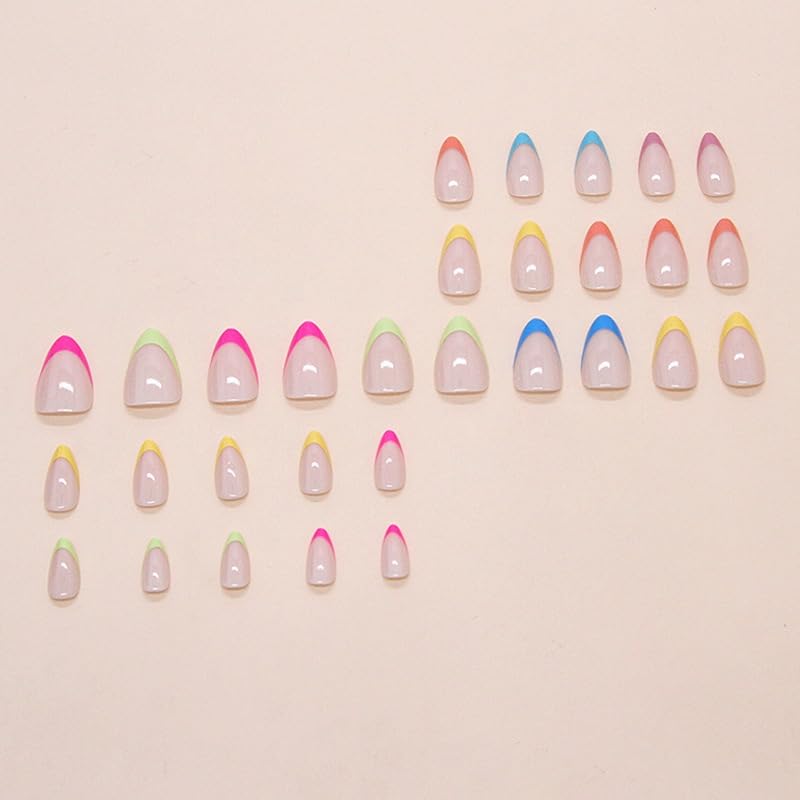 MRSCOL Press on Nails-Rainbow French,Press on Nails Almond,Press on Nails Short Reusable 30pcs Nail Kit with Glue
