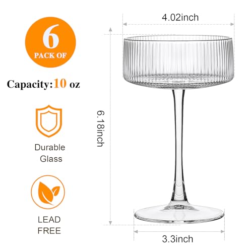Accguan Ribbed Coupe Glasses, 10 oz Crystal Cocktail Glasses Set of 6, Vintage Martini Glasses for Bar, Cocktail, Margarit...