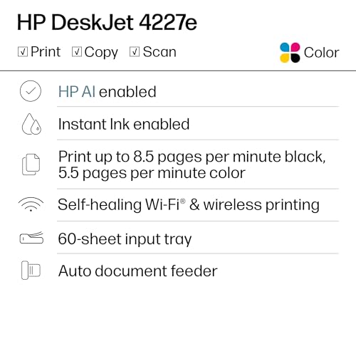 HP DeskJet 4227e Wireless All-in-One Color Inkjet Printer, Scanner, Copier, Best-for-Home, 3 Month Instant Ink Trial Inclu...
