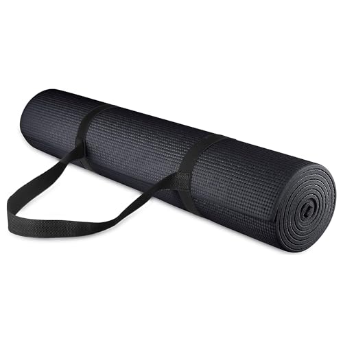 Signature Fitness All Purpose 0.25 Inch Thick High Density No Tear Exercise Yoga Mat with Strap & Lightweight Features for...
