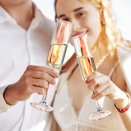 Ocean ice Glass Champagne Flutes Glass, Straight Champagne Glasses Set of 2, Stemmed Mimosa Glasses 7oz, Hand Blown Champa...