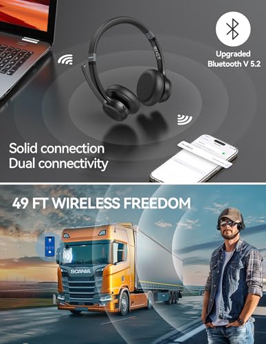 TECKNET Wireless Headset, Bluetooth Headset with Noise Cancelling Microphone - Rechargeable Bluetooth V5.2 Headphones, 50H...