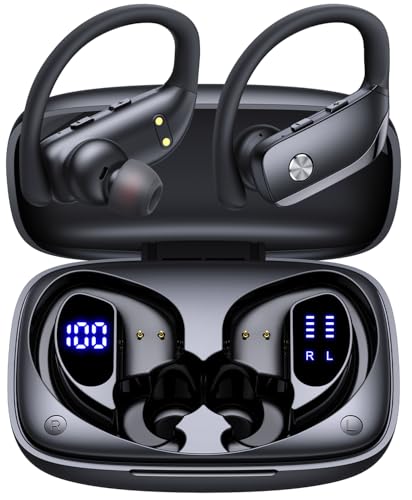 bmanl Wireless Earbuds Bluetooth Headphones Over Ear Hooks Ear Buds with 80H Playtime, LED Power Display, Dual Mic Clear C...
