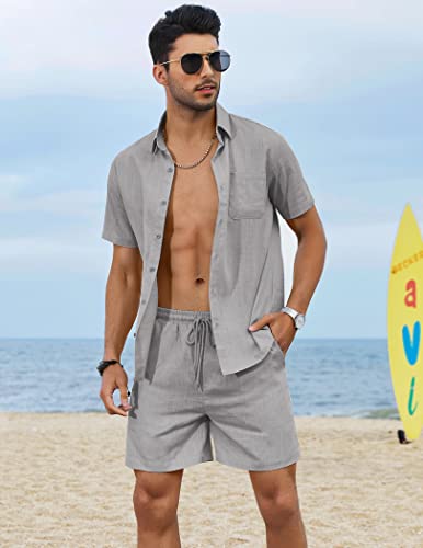 COOFANDY Men 2 Piece Linen Set Casual Short Sleeve Shirt and Short Beach Set