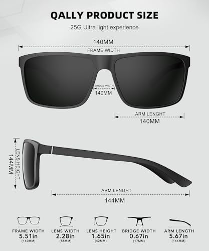 QALLY Polarized Sunglasses for Men Rectangular Frame Men's Polarized Sunglasses Sports Sunglasses with UV400 Protection
