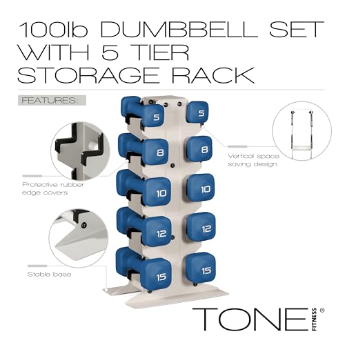 Tone Fitness Neoprene Dumbbell Set with Storage Rack – Non-Slip, Anti-Roll Hand Weights for Home Gym Workouts | 20 lb, 32 ...