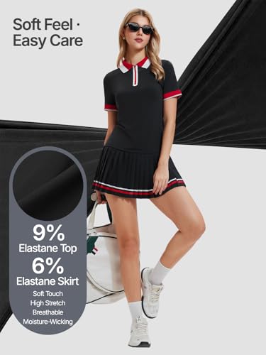 IUK Women's 2-Piece Tennis Skirt Set, Polo V-Neck Top & High-Waisted Pleated Skirt, Athletic Outfit for Golf Pickleball
