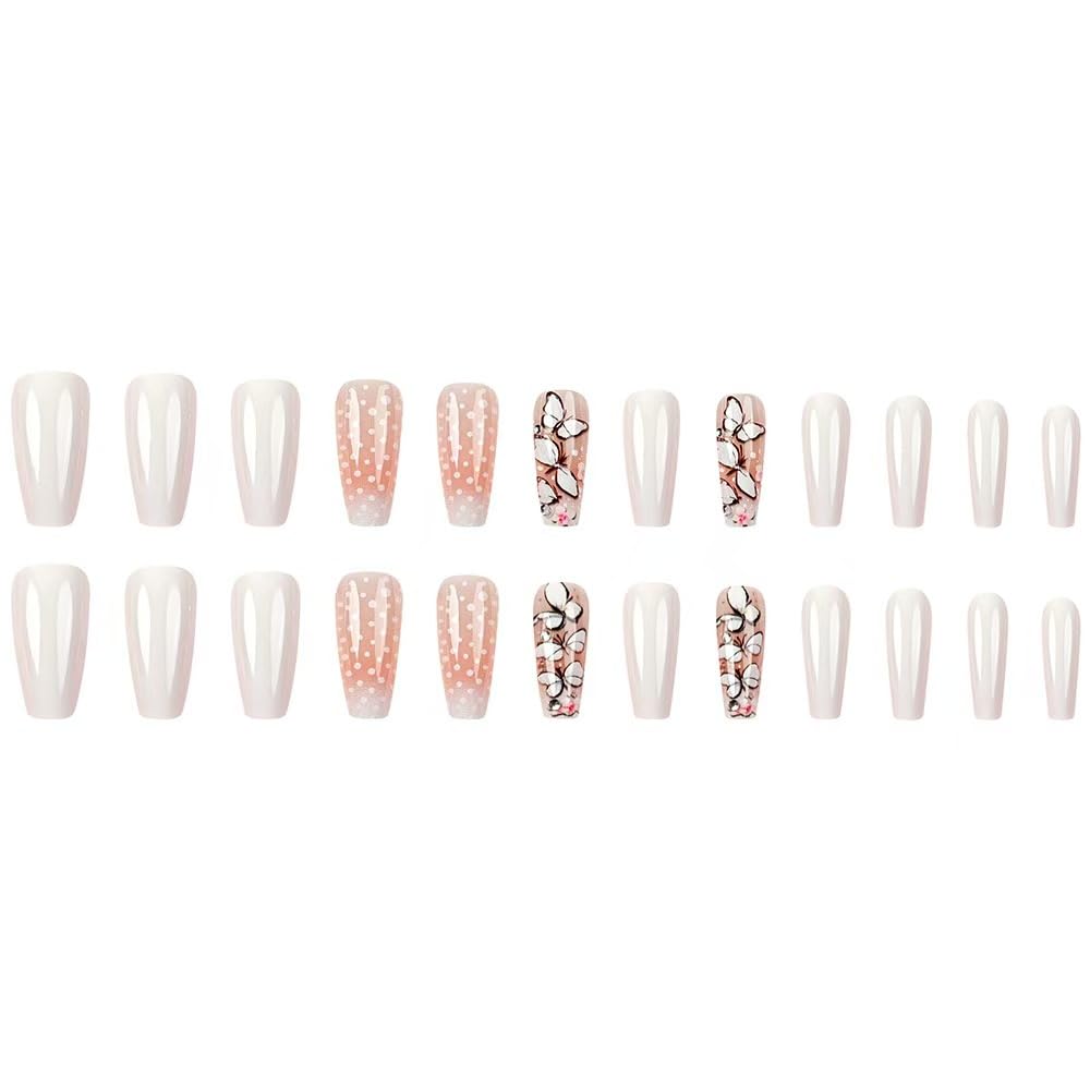 MRSCOL Long Press on Nails,Coffin Press on Nails with White Butterfly Design,Long Reusable 24pcs Nail Kit with Glue