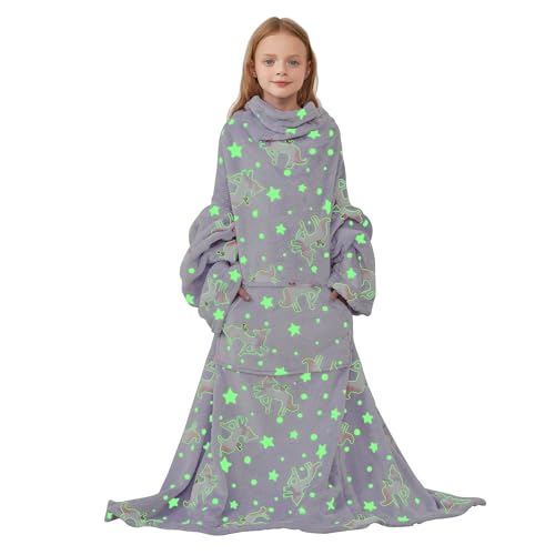 Softan Kids Wearable Fleece Blanket with Sleeves & Foot Pocket for Kids Girls Boys, Lightweight Soft Blanket,Glow in the d...