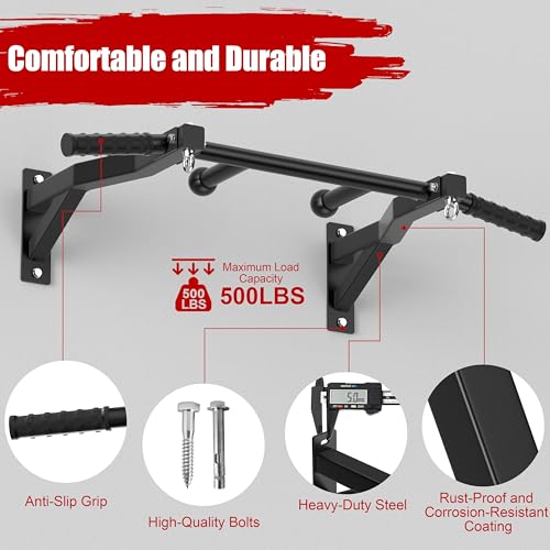 HWOOUSA Wall Mount Pull Up Bar, Heavy Duty Steel PullUp Bar Fits 16" & 24" Wood Studs, Multi Grip Pull Up Bar with Ball Fi...