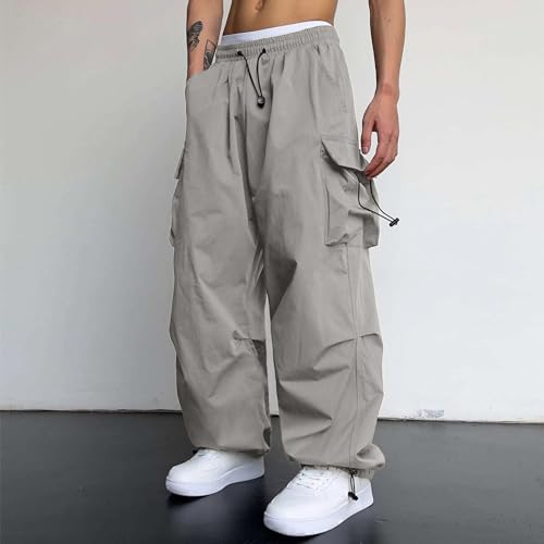 Men's Baggy Cargo Pants Y2K Drawstring Waist Trendy Casual Parachute Pants Athletic Loose Fit Joggers Trousers with Pockets