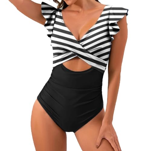 SHAOBGE Women's Ruffled One Piece Swimsuits V Neck Tummy Control Cutout High Waisted Bathing Suit