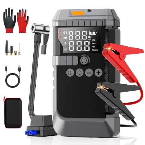 6000A Jump Starter with 160PSI Air Compressor, 12V Portable Car Jumper Starter (All Gas/12L Diesel), Jump Box with Jump Cl...