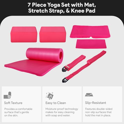 BalanceFrom 7-Piece Yoga Set with 71x24x1 Inches Extra Thick Mat and Carrying Sling – Includes 2 Blocks, Stretch Strap, 2 ...