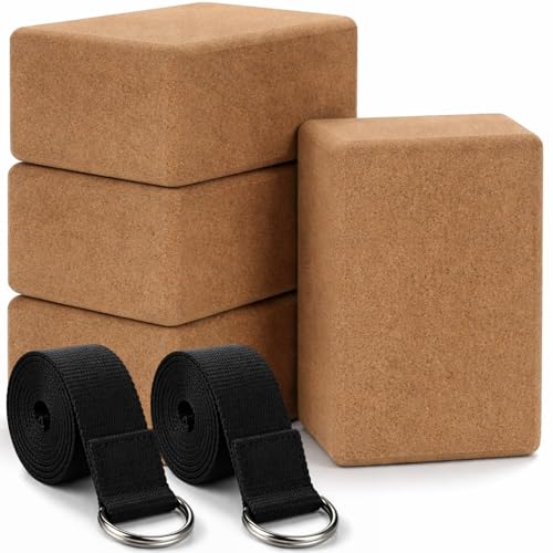 Leitee 6 Pcs Cork Yoga Blocks with Straps 9 x 6 x 4 Inch Cork Yoga Brick 8.2 FT Strap Non Slip High Density Bricks Exercis...