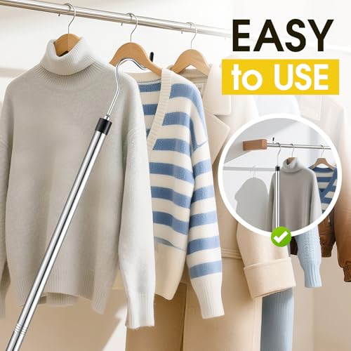 Clothes Hook Pole, Extendable from 35" to 50" Stainless Steel Closet Pole Reacher with S-Shaped Hook for Hanging Clothes, ...
