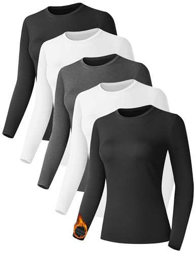 Kinglaman 5 Pack Women Long Sleeve Thermal Shirts, Crew Neck Fleece Lined Base Layer Underwear Cold Weather Tops