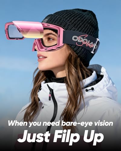 Odoland Flip Up Ski Goggles for Men Women, Anti-fog Magnetic OTG Flip-Up Snow Snowboard Goggles for Instant Defogging