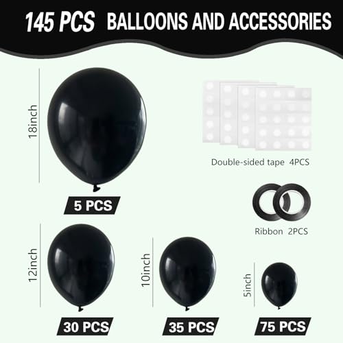 IXVAN Black Balloons 145pcs Different Sizes 5in 10in 12in 18in Shiny Metallic Black Latex Balloon Arch Kit Garland for Gra...