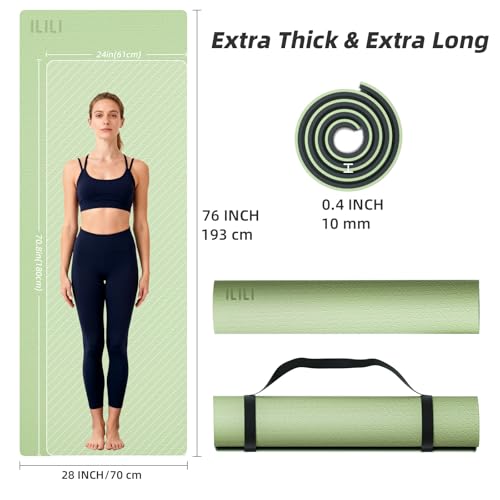 ILILI Yoga Mat 10mm Extra Thick and 193cm Extra Long, 76x28×0.4 Inch, Double Color Non-Slip TPE Material, Easy Carrying wi...