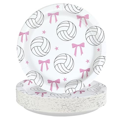 Greencian 50pcs Volleyball Party Decorations 9" Pink Bow Volleyball Birthday Paper Plates Sports Disposable Plates for Gir...