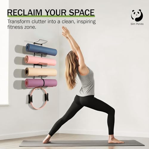 Slim Panda Yoga Mat Holder Wall Mount With Mesh Bag,Yoga Accessories Storage Rack,Home Gym Organizer with 5-Tier & 3 Hooks...