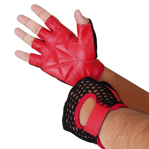 Royal Coalition Men's Driving Gloves Mesh Net Leather Racing Fingerless Motorcycle Black & Red Glove Open Knuckle